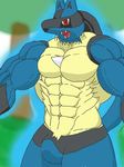  anthro biceps big bulge canine dog fur huge_muscles lucario male mammal muscleartguy muscles nintendo pecs pok&#233;mon pok&eacute;mon pose red_eyes solo standing video_games 