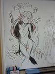  animal_ears blush breasts bubble dated fish fish_girl kanemaki_thomas knees_together_feet_apart long_hair marker_(medium) monochrome monster_girl nipples nude original photo pointy_ears small_breasts smile solo traditional_media underwear webbed_hands whiteboard_(medium) 