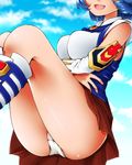  :d bare_shoulders blue_hair breasts cloud day dr_rex head_out_of_frame kusuha_mizuha large_breasts legs open_mouth panties short_hair skirt sky smile solo super_robot_wars underwear white_panties 