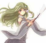  blue_eyes detached_sleeves frog_hair_ornament gohei green_eyes green_hair hair_ornament hair_tubes kochiya_sanae kuronuko_neero long_hair long_sleeves looking_at_viewer shirt simple_background skirt skirt_set snake_hair_ornament solo touhou white_background wide_sleeves 