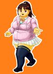  breasts brown_eyes brown_hair debu_plus debutopia fat highres hood hoodie large_breasts 