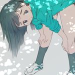  bent_over black_eyes black_hair hands_on_own_knees jacket long_hair original shimetta_seiya shoes shorts sleeves_pushed_up sneakers socks solo track_jacket 