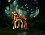  arthropod blue_eyes cutie_mark equine everfree_forest female feral fluttershy_(mlp) forest friendship_is_magic grass green_eyes hair horse insect mammal my_little_pony nyarmarr parasprite_(mlp) pegasus pink_hair pony red_eyes tree wings 