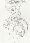  anthro arcade arcade_machine big_butt bracelet butt chubby clothing equine female freckles friendship_is_magic gaming hair herm horn intersex jewelry legwear long_hair looking_at_viewer looking_back mammal monochrome my_little_pony shorts sketch solo stockings thekitfox traditional_media unicorn 
