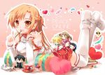  &gt;_&lt; :d asuna_(sao) bad_id bad_pixiv_id bare_shoulders blonde_hair blush book breastplate brown_eyes brown_hair candy character_doll chibi closed_eyes cup dated detached_sleeves food heart heart_pillow kirito leafa legs_up lisbeth long_hair lying miniboy minigirl o_o on_stomach open_mouth outline pillow pocky saucer silica smile sodapop_(iemaki) solo sword_art_online teacup thighhighs v white_legwear yui_(sao) 