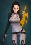  1girl black_hair bodysuit breasts cleavage female grey_eyes gun handgun highres mass_effect mass_effect_2 miranda_lawson okome_tsubu pistol smile solo weapon 