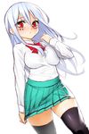  :&lt; black_legwear blue_hair blush bow breasts collared_shirt eyebrows_visible_through_hair facial_mark frown hair_between_eyes kagyuu_juubei large_breasts long_hair long_sleeves looking_at_viewer miniskirt nejimaki_kagyuu onsoku_maru pleated_skirt red_bow red_eyes school_uniform shirt simple_background skirt skirt_grab solo thick_thighs thighhighs thighs white_background white_hair zettai_ryouiki 