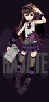  alternate_costume arm_warmers belt boots bracelet brown_eyes brown_hair cellphone contemporary himekaidou_hatate jewelry kakashi_spirit_news miniskirt newspaper phone pixel_art plaid plaid_skirt skirt smile solo striped striped_legwear suzuhara_kenji thighhighs touhou twintails 