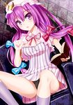  bad_id bad_pixiv_id black_panties blush book breasts capelet chair covered_nipples crescent dress hair_ribbon hat henet_hene kneehighs long_hair looking_at_viewer medium_breasts open_mouth panties pantyshot pantyshot_(sitting) patchouli_knowledge purple_eyes purple_hair purple_legwear ribbon sitting solo spread_legs striped striped_dress touhou tress_ribbon underwear upskirt vertical_stripes very_long_hair 