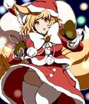  :o animal_ears bell blonde_hair blush dearmybrothers fox_ears fox_tail garter_straps gloves hat highres holding light_particles looking_at_viewer multiple_tails outline panties sack santa_costume santa_hat skirt solo tail thighhighs touhou underwear white_legwear white_panties yakumo_ran yellow_eyes 