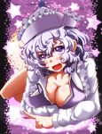  blush breasts cleavage collarbone crossed_arms downblouse hat highres large_breasts long_sleeves looking_at_viewer lying merlin_prismriver on_stomach open_mouth purple_eyes shirt silver_hair smile solo star touhou zan_(harukahime) 