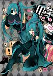  aqua_eyes aqua_hair argyle argyle_background boots character_name detached_sleeves eyepatch hatsune_miku headset long_hair multiple_girls necktie open_mouth seiju_natsumegu sitting skirt sleeves_past_wrists thigh_boots thighhighs twintails very_long_hair vocaloid 
