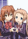  blonde_hair blue_eyes brown_eyes brown_hair chuunibyou_demo_koi_ga_shitai! dekomori_sanae heart heart_hands heart_hands_duo long_hair muichimon multiple_girls nibutani_shinka school_uniform side_ponytail twintails 