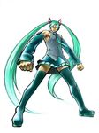  aqua_hair bare_shoulders boots clenched_hands crossdressing detached_sleeves genderswap genderswap_(ftm) hatsune_miku headphones kanemaki_thomas long_hair male_focus manly miniskirt muscle necktie skirt solo thigh_boots thighhighs very_long_hair vocaloid zettai_ryouiki 