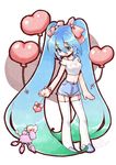  2012 balloon blue_eyes blue_hair dated dog earrings garter_straps hair_ribbon hatsune_miku heart heart_balloon highres jewelry long_hair midriff navel poodle ribbon shibi shorts solo thighhighs twintails very_long_hair vocaloid 