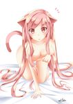  :o all_fours animal_ears breasts cat_ears cat_tail catstudioinc_(punepuni) collarbone fang highres large_breasts long_hair looking_at_viewer nipples nude original pink_eyes pink_hair puni_(miku_plus) red_eyes simple_background solo surprised tail very_long_hair white_background 