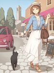  bad_id bad_pixiv_id bag black_cat blush brown_eyes brown_hair cafe car cat chair cobblestone collarbone fudama ground_vehicle hat highres jewelry menu_board motor_vehicle necklace original pavement sandals short_hair sign smile striped table tree window 