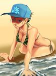  bangle baseball_cap beach bikini black_hair bracelet breasts camouflage camouflage_bikini cleavage hair_up hat jewelry kanemaki_thomas medium_breasts ocean original shaded_face short_hair side-tie_bikini sitting solo swimsuit yokozuwari 