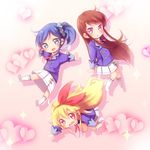  aikatsu! aikatsu!_(series) bad_id bad_pixiv_id blonde_hair blue_eyes blue_hair blush brown_hair chibi chika_(orange_pop) floating hair_ribbon hoshimiya_ichigo kiriya_aoi long_hair looking_at_viewer multiple_girls open_mouth outstretched_arms purple_eyes red_eyes ribbon shibuki_ran skirt smile spread_arms wavy_mouth 