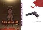  animal_ears black_hair blood blood_stain bullet bunny_ears carrot chair cigarette cover dress gun handgun inaba_tewi kuro_oolong looking_at_viewer m1911 mouth_hold red_eyes short_hair sitting solo touhou weapon 