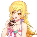  :d bakemonogatari bare_shoulders blonde_hair blush collarbone doughnut food gonster holding long_hair md5_mismatch monogatari_(series) open_mouth oshino_shinobu pointy_ears resized simple_background smile solo upper_body white_background yellow_eyes 