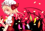  ahoge ascot blonde_hair blush flandre_scarlet food fruit fua_yuu hat hat_ribbon open_mouth profile red_background red_eyes ribbon saliva saliva_trail short_hair side_ponytail solo strawberry touhou wings 