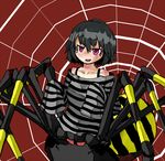  bad_id bad_pixiv_id bare_shoulders black_hair blush bob_cut bra_strap insect_girl long_sleeves monster_girl multiple_legs original pink_eyes pullover short_hair silk solo spider_girl spider_web striped tamanegi_tarou 