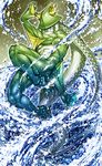  blue_eyes fins green_skin helmet kagelow male_focus merman monster_boy muscle ocean pixiv_forest solo tentacle_hair tentacles webbed_feet webbed_hands 