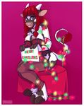  braids breasts cattle christmas christmas_lights clothed clothing corset english_text female hair holidays horn looking_at_viewer mammal red_hair sitting skimpy solo strawberryneko text 