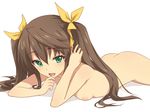  :d blush breasts brown_hair fang green_eyes hair_ribbon huang_lingyin infinite_stratos long_hair looking_at_viewer lying nipples nude on_stomach open_mouth petite ribbon shirokuma-kun simple_background small_breasts smile solo twintails white_background 