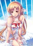  asuna_(sao) bare_shoulders blush breasts brown_eyes brown_hair collarbone elf hand_on_thigh long_hair medium_breasts navel pointy_ears sitting smile solo sword_art_online titania_(sao) watermark youqiniang 