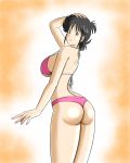  1girl ajiyoshi_noriko artist_request ass back bangs bikini black_hair bra breasts curvy from_behind highres large_breasts looking_at_viewer mister_ajikko panties pink_bikini pink_bra pink_panties pose short_hair swimsuit thick_thighs thighs underwear yellow_eyes 