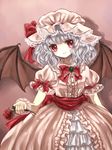  adapted_costume alternate_hair_length alternate_hairstyle bat_wings bow brooch dress flower frilled_dress frills hair_ribbon hat jewelry layered_dress long_hair pink_dress puffy_sleeves red_eyes red_flower red_rose remilia_scarlet ribbon rose sash short_sleeves silver_hair smile solo touhou wings wrist_cuffs yuki_201 