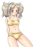 arms_behind_back bangs bikini blush breasts cleavage embarrassed fire_emblem fire_emblem:_kakusei frilled_bikini frills grey_eyes headdress liz_(fire_emblem) long_hair looking_at_viewer midorino_ryuusei navel parted_bangs silver_hair simple_background sketch small_breasts solo swimsuit twintails wavy_hair wavy_mouth white_background yellow_bikini 