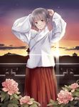  arms_up bad_id bad_pixiv_id blush chinese_clothes flower hair_ribbon holding looking_at_viewer original pagoda peony_(flower) pvmivs ribbon silver_eyes silver_hair smile solo sunlight sunset 