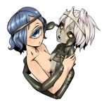  ant_girl black_eyes blue_eyes blue_hair breast_press breasts circlet cleavage crown cyclops from_above insect_girl kanemaki_thomas looking_up monster_girl multiple_girls no_pupils nude one-eyed original queen short_hair silver_hair single_eye small_breasts symmetrical_docking 