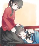  :d bad_id bad_pixiv_id black_eyes black_hair chinese_clothes hair_ribbon handheld_game_console holding lap_pillow lying multiple_girls on_side open_mouth original playing_games playstation_portable pvmivs ribbon short_hair smile sony 