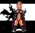  armor blonde_hair boots breasts dark_skin demon_girl diablos dragon dragon_horns etna_(artist) eyelashes fang greaves grin hair_up highres horns kneeling medium_breasts monster_hunter naughty_face navel personification red_eyes short_hair silhouette skirt skirt_lift smile solo spikes succubus thigh_boots thighhighs 