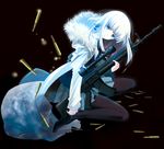  black_legwear blue_eyes blue_hair bullet cloak gun holding izumiya_otoha jormungand koko_hekmatyar long_hair pantyhose skirt solo weapon 