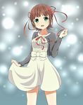  :d amami_haruka brown_hair chaostein green_eyes hair_ribbon idolmaster idolmaster_(classic) open_mouth ribbon short_hair skirt smile solo white_skirt 