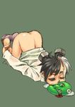  ass barefoot black_hair bolt bottomless closed_eyes frankenstein's_monster kanemaki_thomas mouth_hold multicolored_hair naked_shirt original shirt short_hair sleeping soles solo stitches top-down_bottom-up two-tone_hair white_hair 