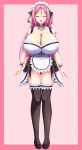  1girl aizawa_momoka black_legwear blush breasts btk cleavage collarbone eyes_closed female frills full_body honoo_no_haramase_paidol_my_star_gakuen_z huge_breasts maid maid_headdress maid_outfit pink_hair ribbons shiny shiny_skin shoes simple_background smile solo squeez thighhighs 