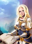  armor blonde_hair blue_eyes book gauntlets highres kaka_cheung league_of_legends long_hair lux luxanna_crownguard solo 