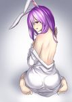  animal_ears ass back bad_id bad_pixiv_id bare_shoulders barefoot bunny_ears dress_shirt feet from_behind kyon_(fuuran) long_hair looking_back off_shoulder purple_hair red_eyes reisen_udongein_inaba shirt shirt_pull sitting soles solo touhou undressing wariza 