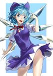  :d bad_id bad_pixiv_id blue_eyes blue_hair cirno dress ice ice_wings kyon_(fuuran) open_mouth outstretched_arm panties pointy_ears short_hair smile solo touhou underwear white_panties wings 