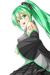  :d alternate_hairstyle bare_shoulders breasts detached_sleeves green_eyes green_hair hair_ornament hatsune_miku kyon_(fuuran) large_breasts long_hair looking_at_viewer open_mouth simple_background skirt smile solo twintails very_long_hair vocaloid white_background 