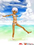  barefoot bikini blush borrowed_character cloud cloudy_sky dark_skin day facial_tattoo flat_chest full_body full_body_tattoo green_eyes horizon irezumi-san_(ozka) navel ocean original outstretched_arms short_hair side-tie_bikini silver_hair sky smile solo splashing spread_arms standing standing_on_one_leg swimsuit tan tanline tattoo wading yamamoto_canponi 