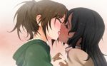  black_hair blush brown_hair closed_eyes couple dark_skin eyelashes face french_kiss highres holding_hands hood hoodie interlocked_fingers interracial kiss long_hair multiple_girls open_mouth original ponytail profile saliva sweat tongue very_dark_skin wallpaper yui_7 yuri 