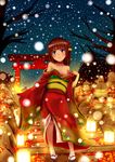  bare_shoulders blush brown_hair butaneko lantern night night_sky off_shoulder original purple_eyes sandals short_hair sky smile snowing solo star_(sky) starry_sky tabi torii 