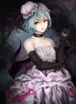  akai_kitsune alternate_costume bad_id bad_pixiv_id bare_shoulders bat_wings black_gloves blue_hair choker dress elbow_gloves gloves hat hat_ribbon highres holding lips pocket_watch red_eyes remilia_scarlet ribbon solo touhou watch wings 